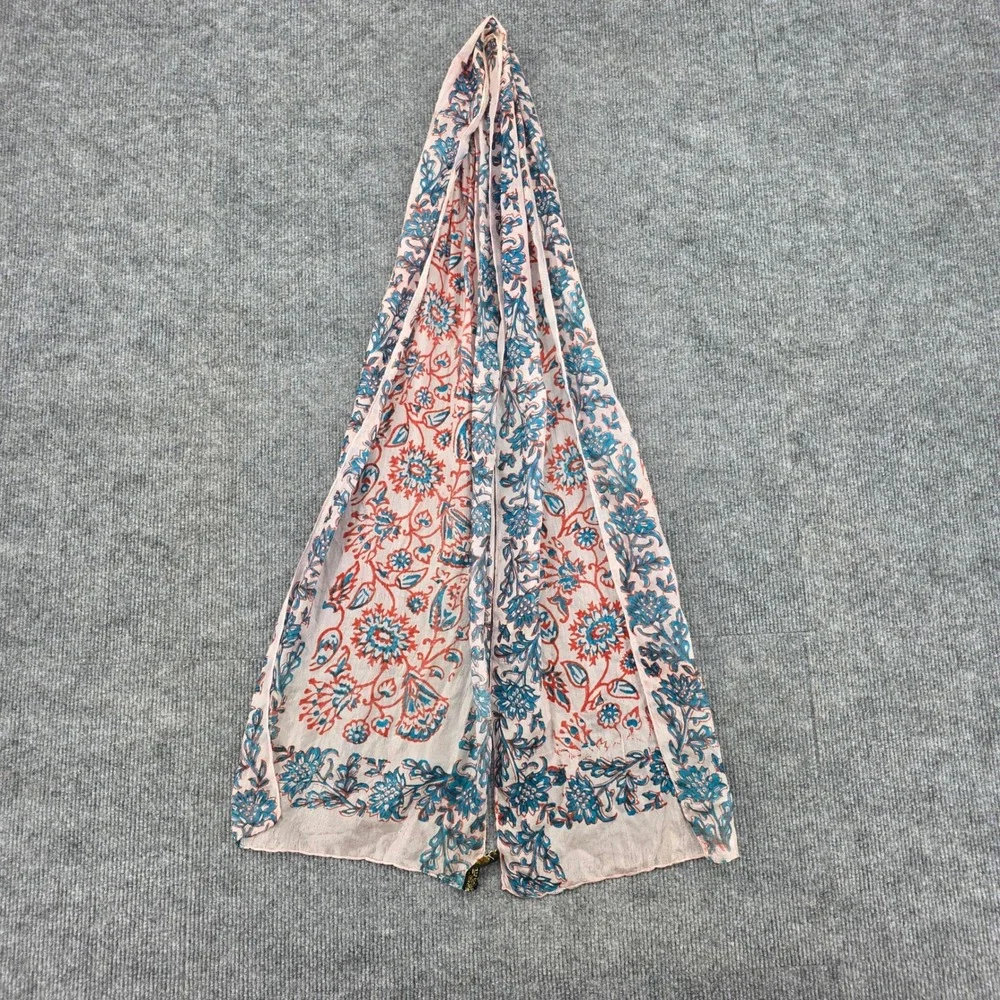 Hand Printed India 100% Silk Floral Paisley Scarf Pink Blue 12x35 Made in India